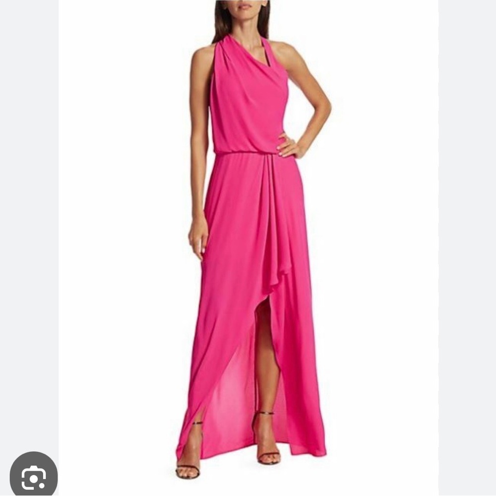 Halston Fuchsia One-Shoulder Asymmetrical Draped Maxi Dress Gown NWT